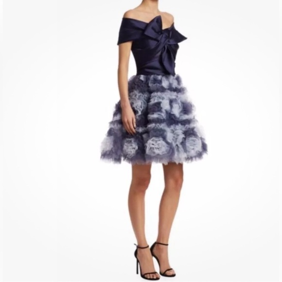 Marchesa Dresses & Skirts - Marchesa Notte Navy Blue Off Shoulder Mikado Mini Cocktail Dress size XS